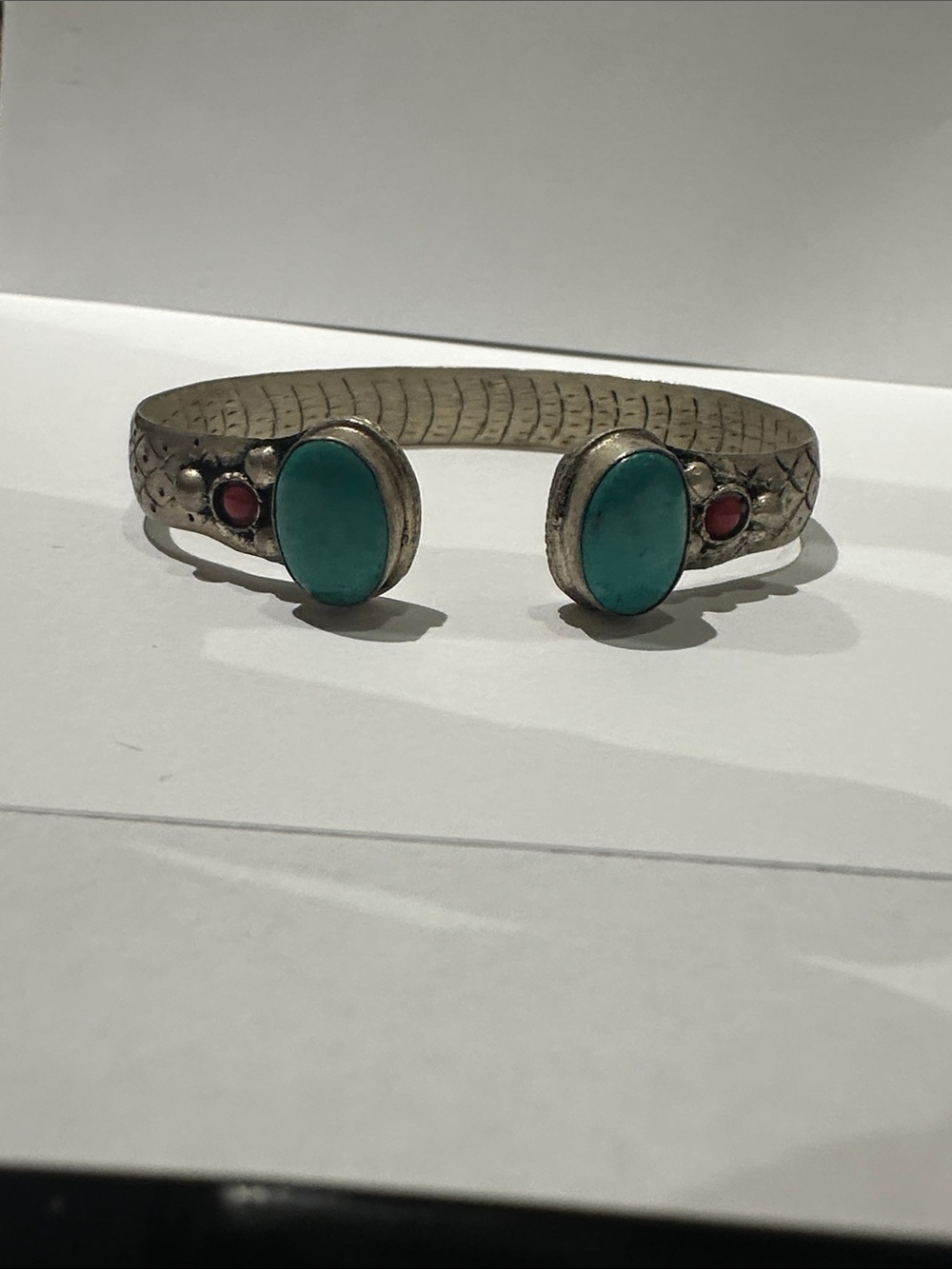 Handmade Tibetan Turquoise & Coral Open Cuff Bracelet Nepal Boho